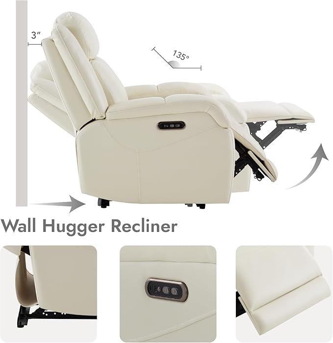 Watson & Whitely Genuine Leather Power Recliner Chairs for Adults, Wall Hugger RV Recliner with Power Headrest & Charging Ports, Electric Recliner Sofa Chair for Living Room, Cream
