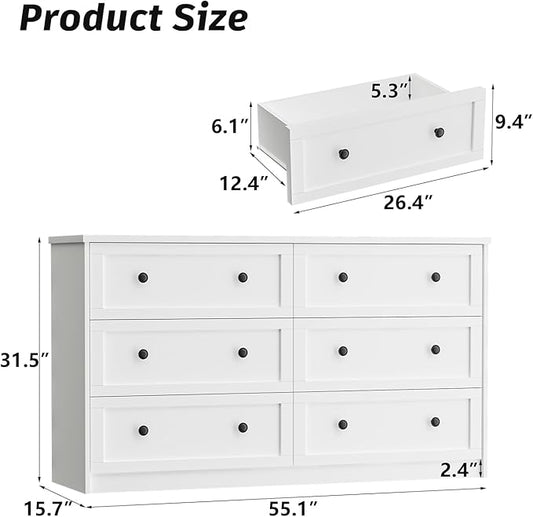 CHUWELL White Dresser for Bedroom, 55.1" Wide Dressers & Chests of Drawers with Large Capacity Storage, 6 Drawer Dresser for Bedroom