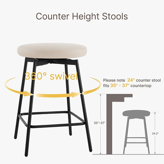 Swivel Bar Stools Set of 2, 24" Counter Height Bar Stool, Backless Barstools with Faux Leather Upholstered Seat&Sturdy Wood Legs for Kitchen Island, Beige