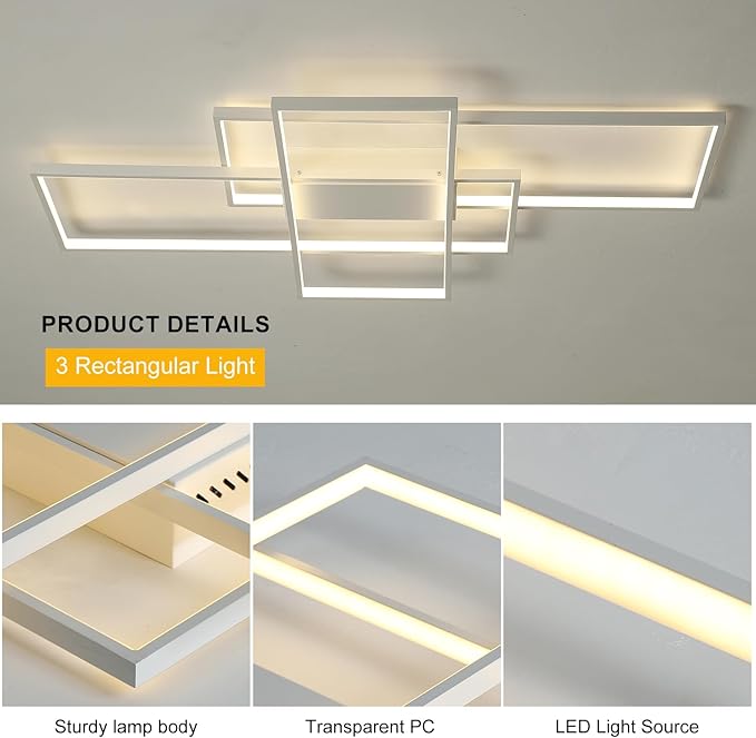 GEADI Modern Dimmable Ceiling Light, 35.4" White Led Ceiling Light Fixtures with Remote Control, 50W Rectangle Flush Mount Lighting Fixture for Kitchen Bedroom Dining Room(3000K-6500K)