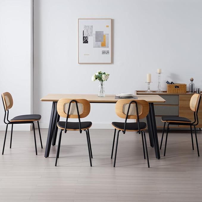 Mid-Century Modern Rattan Cane Back Dining Chairs Set of 2 β PU Leather Upholstered Seat, Black Metal Legs, Kitchen Side Chairs for Kitchen & Dining Room, Black