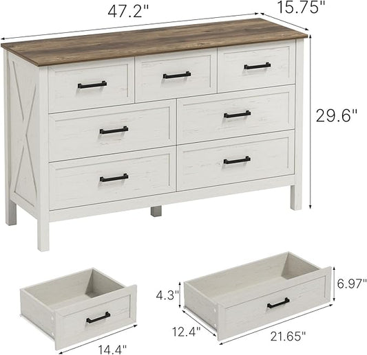LYNSOM Farmhouse 7 Drawers Dresser for Bedroom, Wood Rustic Wide Chest of Drawers with Deep Drawers, Metal Handle, Storage Dressers Organizer for Entryway, Hallway, Antique White