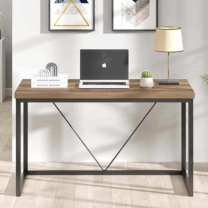 FOLUBAN Modern Home Office Desk, Rustic Wood and Metal Computer Desk, Industrial Study Writing Gaming Table Workstation, Vintage Laptop PC Desk, Oak 47 Inch
