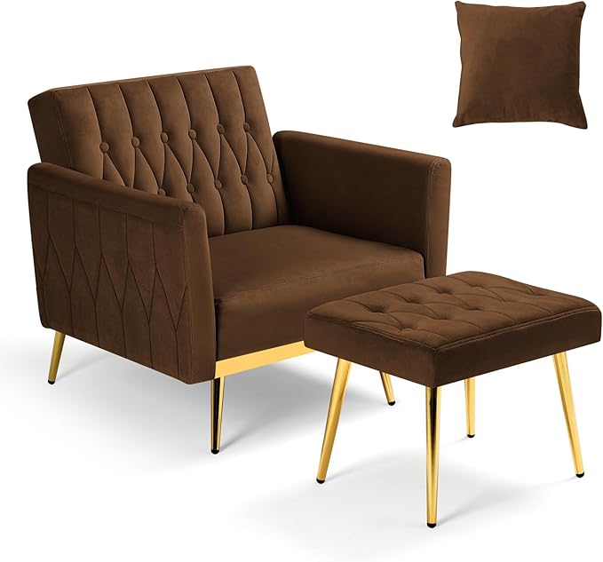 Velvet Accent Chair with Adjustable Armrests and Backrest, Button Tufted Lounge Chair, Single Recliner Armchair with Ottoman and Pillow for Living Room, Bedroom, Brown