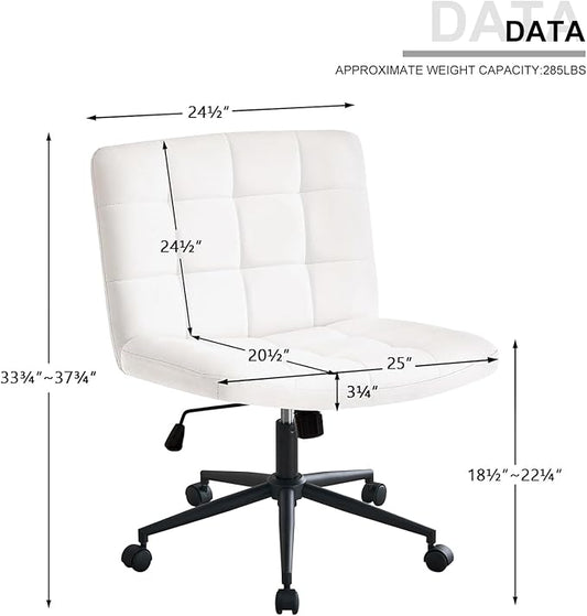 Furnimart Criss Cross Desk Char Wide Seat with Wheels, 360° Swivel Cross Legged Desk Chair Thick Cushion, Comfy Armless Home Office Chair for Bedroom, Vanity, Sturdy (Faux Leather White)