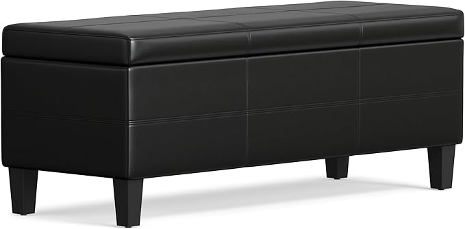 SIMPLIHOME Afton 48 inch Wide Contemporary Rectangle Storage Ottoman Bench in Midnight Black Vegan Faux Leather, Assembled, For the Living Room and Bedroom