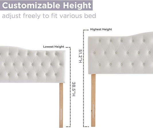 Upholstered Full Headboard, Button Diamond Tufted Headboard with Adjustable Height and Solid Wood Leg, Velvet Padded Headboards for Full Size Bed, Modern Head Board, White