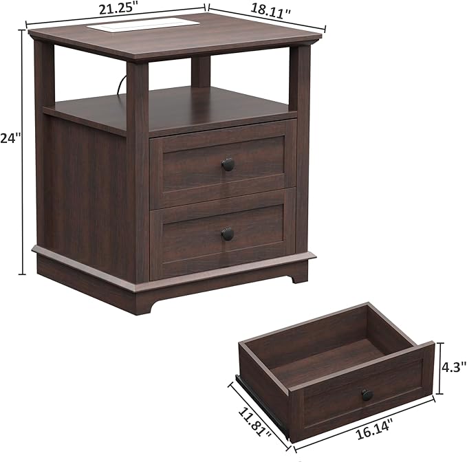 HIFYOBRO Large End Table Set of 2, 2 Drawers and Charging Station, Type-C & USB Port & Power outlets, Wooden End Table, Side Table with Storage for Living Room and Bedroom (Espresso)