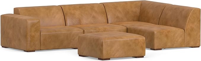 SIMPLIHOME Rex Right Corner Sectional Modular Sofa and Ottoman Set in Full-Grain Genuine Leather, Sienna, 116-inch-wide L-Shaped Leather Sofa and Matching 34-inch-Wide Table Ottoman for Living Room