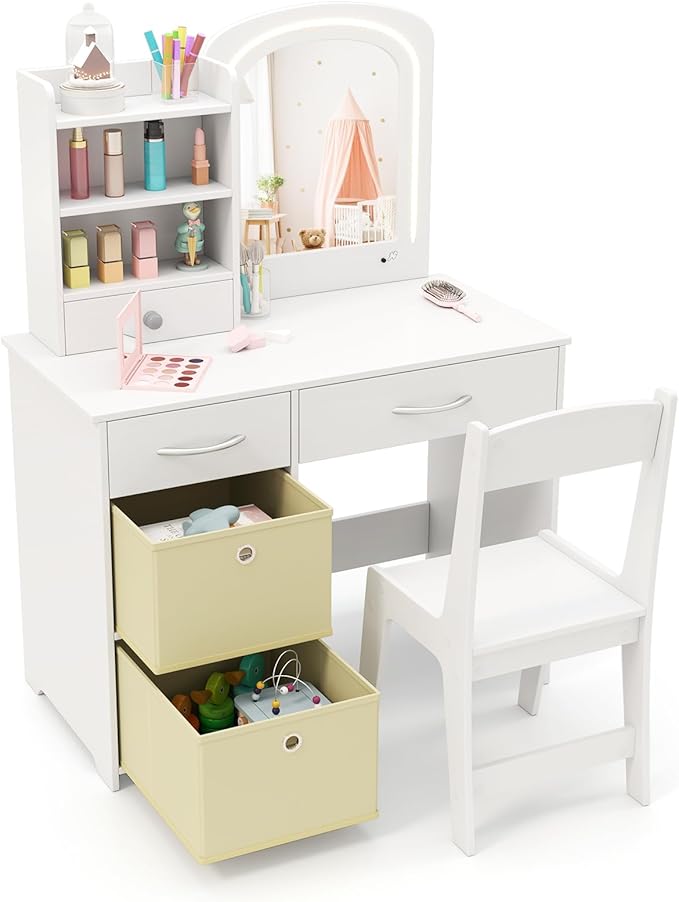 GLACER Kids Vanity Table and Chair Set, Princess Makeup Vanity Desk with 5 Drawers, Open Shelves, Mirror, 2-Color LED Lights, Wooden Toddler Vanity, Pretend Play Vanity Set for Little Girls (White)