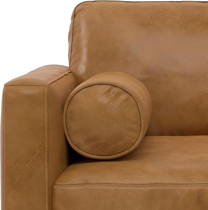 SIMPLIHOME Morrison Accent Chair - 43 inch Wide Upholstered Top Grain Genuine Leather Mid-Century Modern Arm Chair with Solid Wood Frame in Sienna, for Living Room or Bedroom with 2 Bolster Pillows