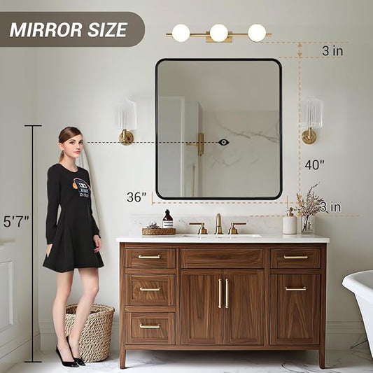 ANDY STAR Black Bathroom Mirror, 36x40 Inch Rounded Rectangle Mirror for Bathroom, Modern Tube Metal Framed Rectangular Mirror for Vanity, Wall-Mounted Vertically or Horizontally