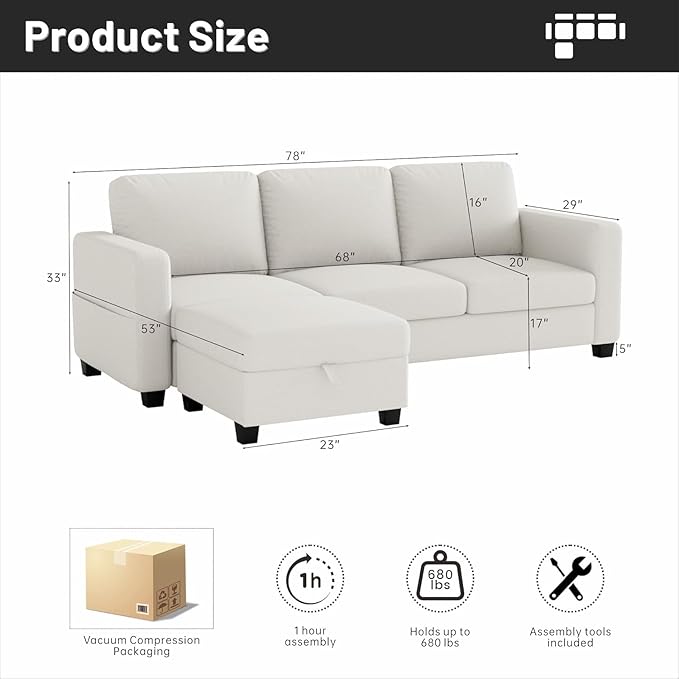 Sectional Sofa Couches for Living Room - 78''Convertible Modular Three-Seater L-Shaped Pet-Friendly Couch,Washable Sofa Cover-Bench Storage, Suitable for Small Living Room, Apartment,Office-Beige