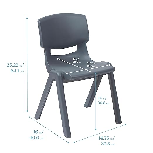 ECR4Kids 14in Plastic School Stack Chair, Children's Furniture, Grey, 4-Pack