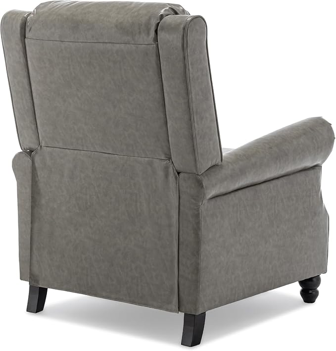 Pushback Recliner Chair, Faux Leather Wingback Recliner Chair, Upholstered Armchair Push Back Recliner with Wood Legs, Rivet Trim Single Sofa Accent Chair for Living Room, Bedroom, Gray