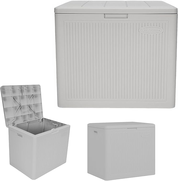 Suncast 22-Gal. Waterproof Resin Small Outdoor Patio Deck Box with Reeded Design, Modern Outdoor Patio Bench/Storage Box for Cushions, Garden Tools, and More, French Gray