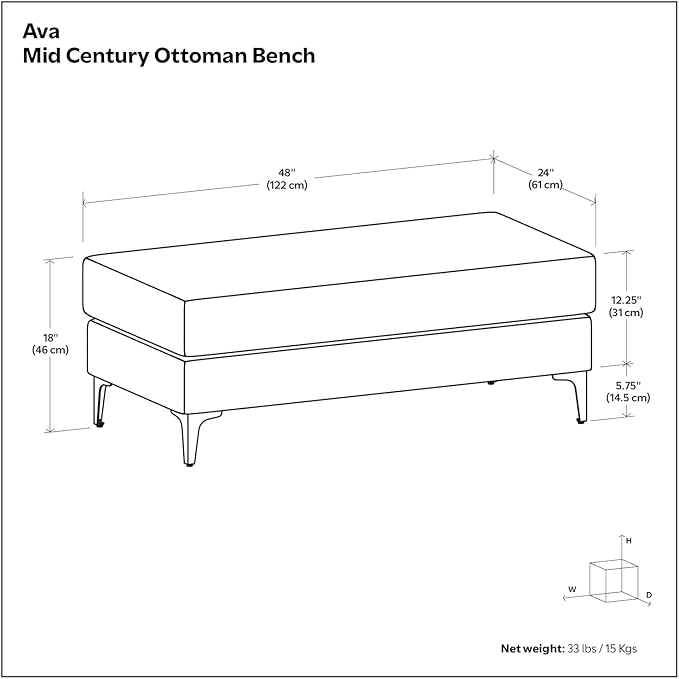 SIMPLIHOME Ava Large Rectangular Ottoman in 100% Recycled Polyester Tightly Woven Performance Fabric, Cream, 48-inches Wide, Multipurpose Table or Footrest Ottoman, Assembled, For Living Room