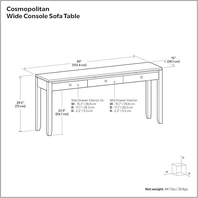 SIMPLIHOME Cosmopolitan Console Table - 60 Inch Wide Solid Wood Sofa Table in Mahogany Brown, Contemporary Storage Table for Entryway or Living Room with 3 Drawers, Square-Edged Top, and Tapered Legs