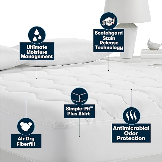 Serta Air Dry Extra Comfort Performance Fabric Quilted Mattress Pad, Cooling and Breathable Mattress Cover, Moisture Wicking Protection with 15" Deep Pocket, California King, White