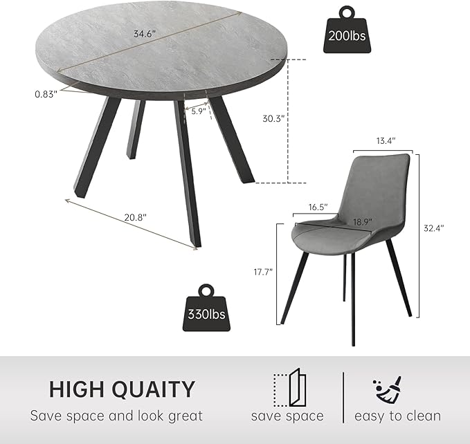 Round Dining Table Set, Mid Century Modern Small Round Dining Table Set, Saving Space (Table + 4 Grey Chairs)