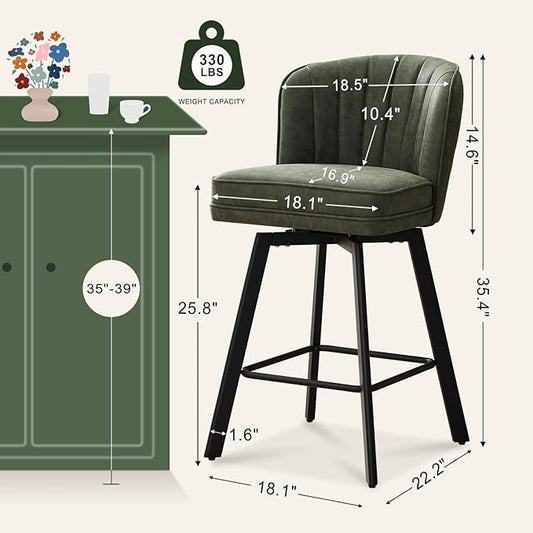 Swivel Counter Height Bar Stools Set of 3, 26'' Modern Barstools with Backs and Metal Legs, Upholstered Bar Chairs, Faux Leather Green Stools for Kitchen Island Chairs