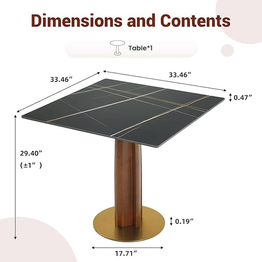 Sintered Stone Square Office Table - Meeting Desk for Small Offices (Walnut Leg and Black Top, 1 Table Only)