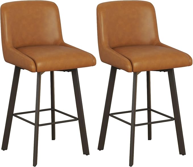 Swivel Counter Height Bar Stools Set of 4, 30''H Upholstered Barstools with Backs, Modern Bar Stool Chairs for Kitchen Island, Metal Legs, Faux Leather, Whiskey Brown Stools Counter Chair