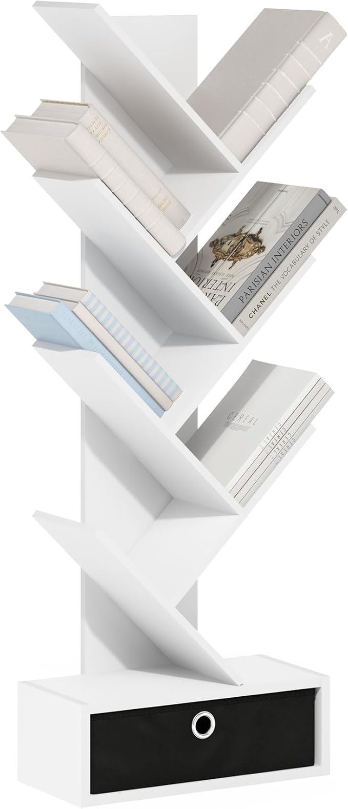 Furinno Tree Book Shelf, 7-Tier Bookshelf, Tree Bookcase with Bin Drawer, 8.4 x 16.9 x 46.2, for Living Room, Bedroom, Home Office, White/Black