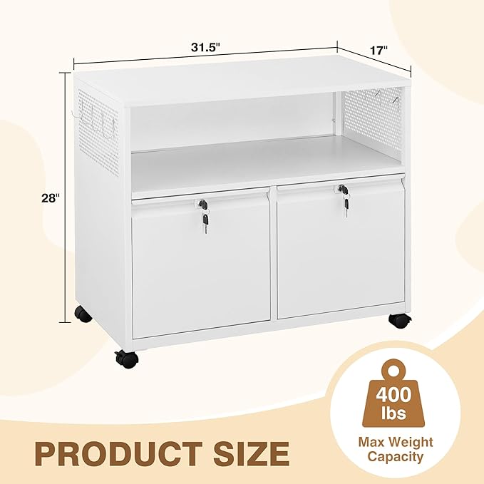 Mobile Filing Cabinet with Lock,Metal Lateral File cabinets Printer Stand with Storage Cabinets for Home Office,A4/F4/Letter (White)