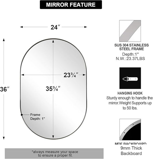 ANDY STAR Chrome Bathroom Mirror 24x36, Chrome Mirror Oval, Polished Silver Bathroom Mirror, Oval Mirrors Stainless Steel Frame Deep 1’’ Hang Vertical or Horizontal