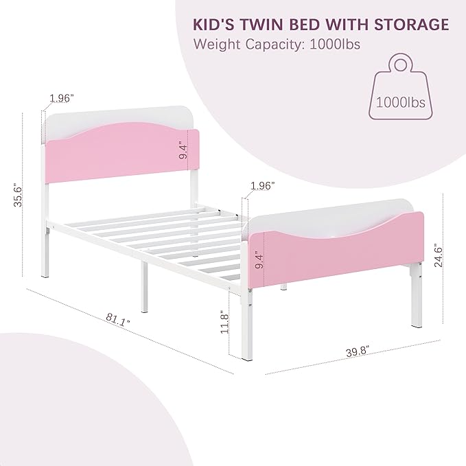 Timy Kids Twin Bed Frame with Bookcase Headboard and Footboard, Metal Platform Bed Frame for Boys Girls Teens, No Box Spring Needed, White and Pink