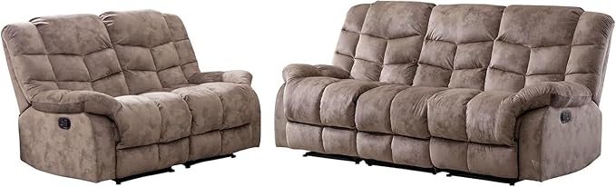 EBELLO Reclining Sofa Furniture Set, Loveseat Recliner Sofa and 3PC Bonded Manual Recliner Set for Living Room, Light Brown(Loveseat+Sofa)