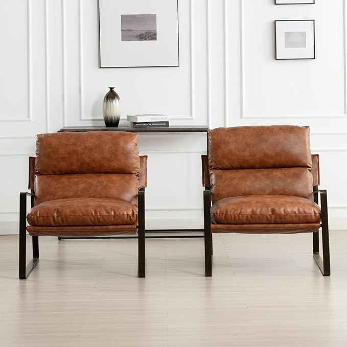 HEAH-YO Modern Accent Chairs Set of 2, Upholstered PU Fuax Leather Living Room Chairs with Bronze Metal Legs, Comfy Arm Side Chairs for Bedroom, Brown