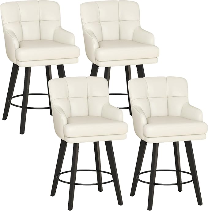 360°Swivel Counter Height Bar Stools with Back, 26 inch Solid Wood Legs, Bar Stool Modern Kitchen Island Chairs, Faux Leather (Beige- Faux Leather, 26" H- Set of 4)