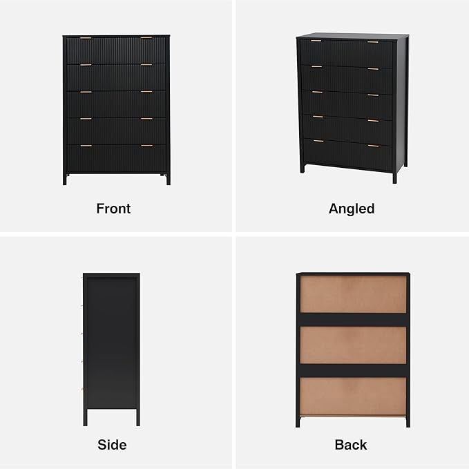 5 Drawer Dressers for Bedroom, Modern Closet Chest of Drawers with Waveform Fluted Panel, Large Wood Storage Dresser Organizer for Nursery Bedroom Living Room Hallway Closet, Black
