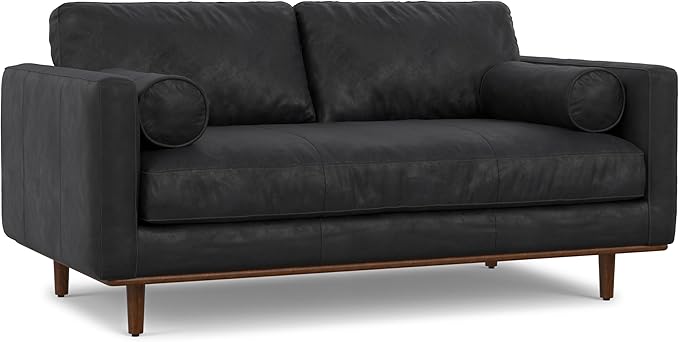 SIMPLIHOME Morrison 72-inch Wide Sofa in Lead Black Genuine Leather, Mid-Century Modern-Style Loveseat for Living Room, Single Bench Cushion, Removable Back Cushions, 2 Bolster Pillows