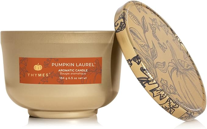 Thymes Scented Candles for Women & Men – Tin with Lid – Luxury Home Decor – Pumpkin Candles with Notes of Nutmeg, Cinnamon, Clove, & Orange Peel – Fall Decor (Pumpkin Laurel, 6.5 oz)