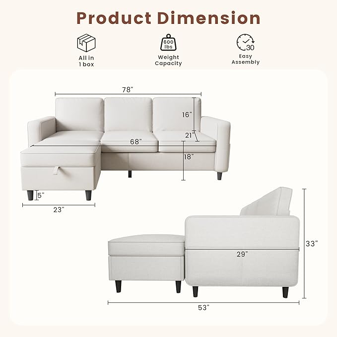 Sectional Sofa Couches for Living Room - 78''Convertible Modular Three-Seater L-Shaped Pet-Friendly Couch,Washable Sofa Cover-Bench Storage, Suitable for Small Living Room, Apartment,Office