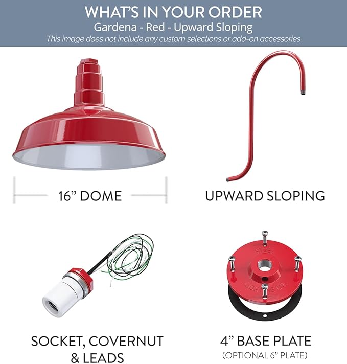 Steel Lighting Co. Gardena Barn Light | Outdoor Wall Mounted | 16" Dome | Upslope Gooseneck | Farmhouse Light Made in America | Red Exterior/White Interior