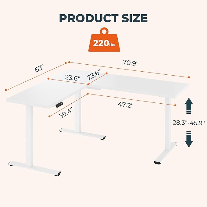 L-Shaped Standing Desk, 71 x 63 Inches Height Adjustable Desk with Storage, Sit and Stand up for Work Office Home, Ergonomic Rising Computer Table for Home Office with Splice Board, White