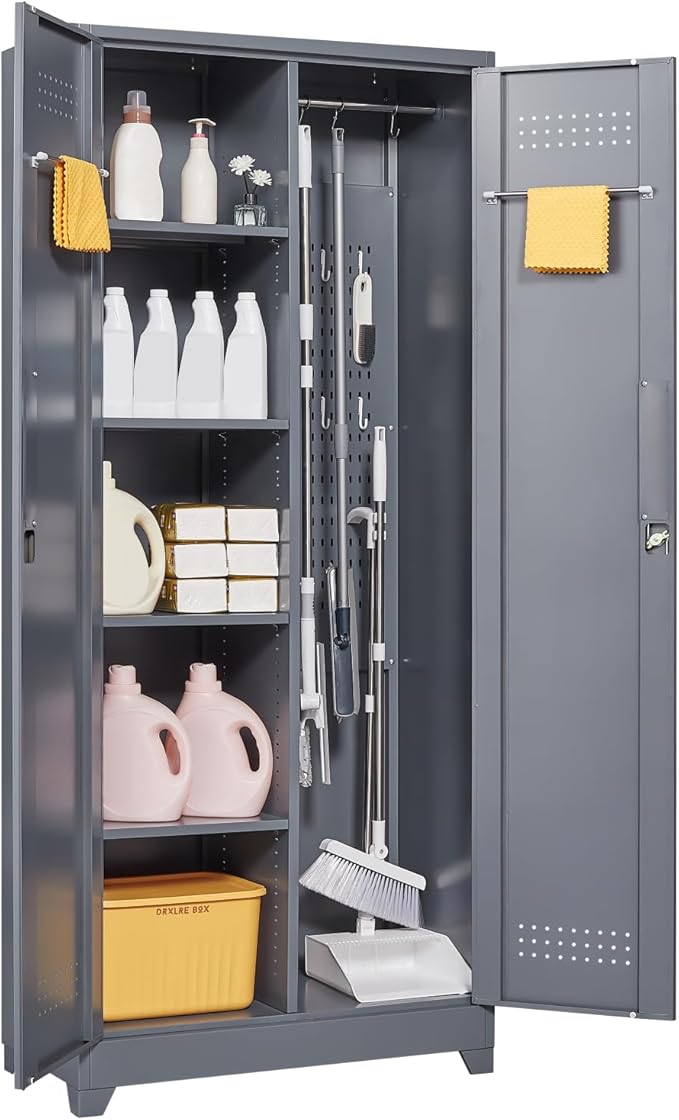 FLEXIMOUNTS 73'' Tall Metal Storage Cabinet with Locking Door, Large Cleaning Tool Organizer for Brooms, Garage, Laundry Room, Bathroom, Dark Grey