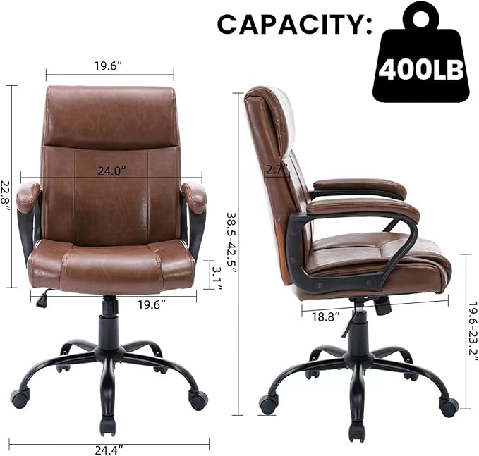 DYHOME Leather Office Chair Brown Desk Chair with Padded Armrests, Adjustable Home Office Chair Mid Back Swivel Task Chair, Ergonomic Mid Century Computer Chair, Capacity 400lbs