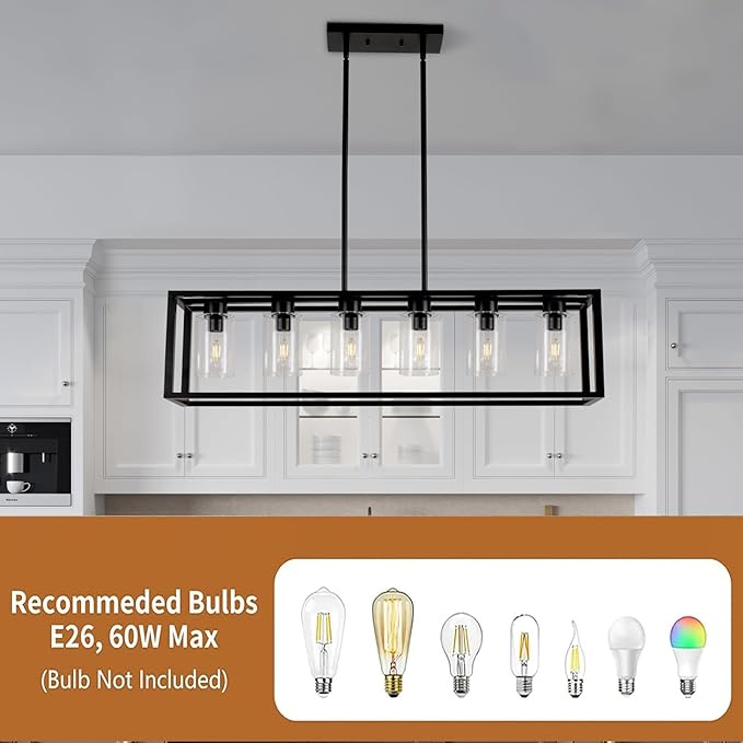 Farmhouse Dining Room Light Fixture Kitchen Island 6-Light Pendant Lighting, Adjustable Rectangle Black Contemporary Chandeliers with Glass Shade (6 Light)