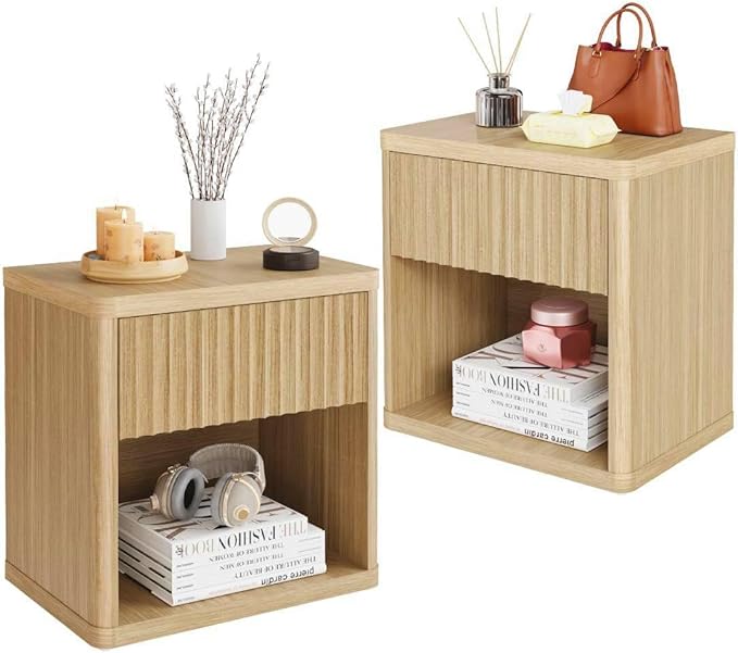 22.8" Fluted Nightstands Set of 2, Large Modern Nightstand with Drawer and Storage Shelf, Oak Finish & Cream, Mid Century Night Stands for Bedroom Living Room Sofa Couch Office