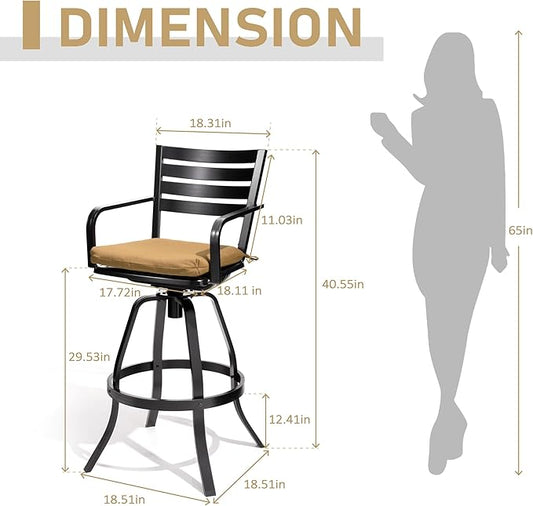 Pellebant 29.5" Sunbrella Outdoor Bar Stools Set of 2, Aluminum Swivel Patio Bar Height Bar Stools with Back & Footrest, Rust-Proof Tall Barstools for Deck Lawn Garden,Teak