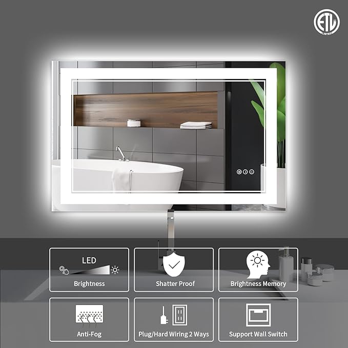 44 x 32 Inch LED Bathroom Mirror, Front Light and Backlit Lighted Vanity Mirror, Anti-Fog, Dimmable Memory, Shatterproof, Wall-Mounted