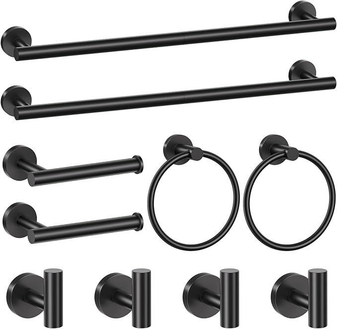 Matte Black Towel Bar Set 10 Pieces Bathroom Hardware Accessories Set Towel Rack Set for Bathroom SUS304 Stainless Steel Toilet Paper Holder Wall Mounted, 23.6 Inch