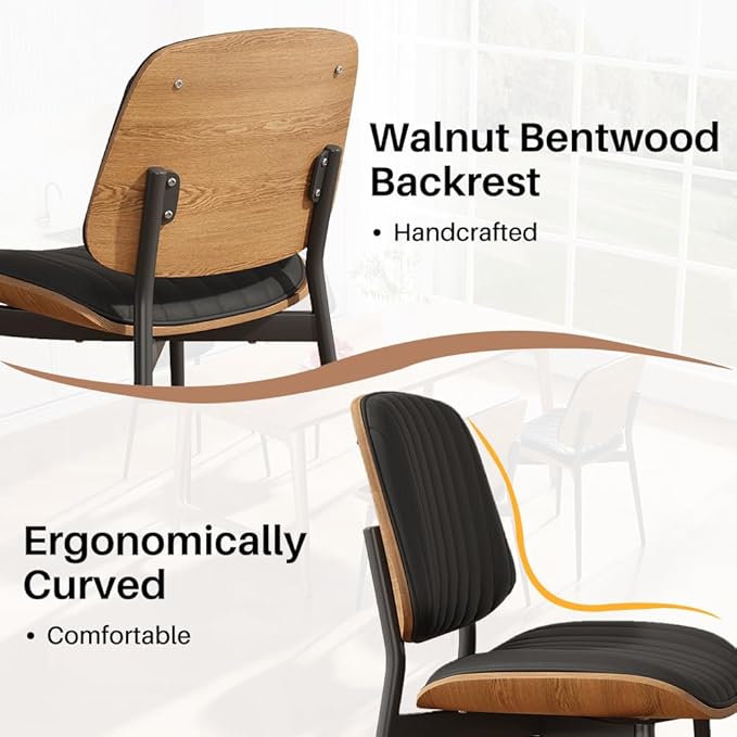 Dining Chairs Set of 2, Mid-Century Modern Upholstered PU Leather Chairs with Walnut Bentwood Back and Metal Legs for Kitchen Dining Living Room, Black Vertical Stripes