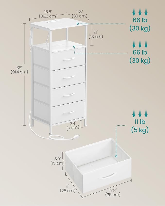 SONGMICS BELLAH Collection - Nightstand with Charging Station and App-Controlled Adjustable LED Lights, Bed Side Table, 4 Drawer and 1 Open Shelf, Bedroom, Cloud White and Snow White ULGS304WH01S