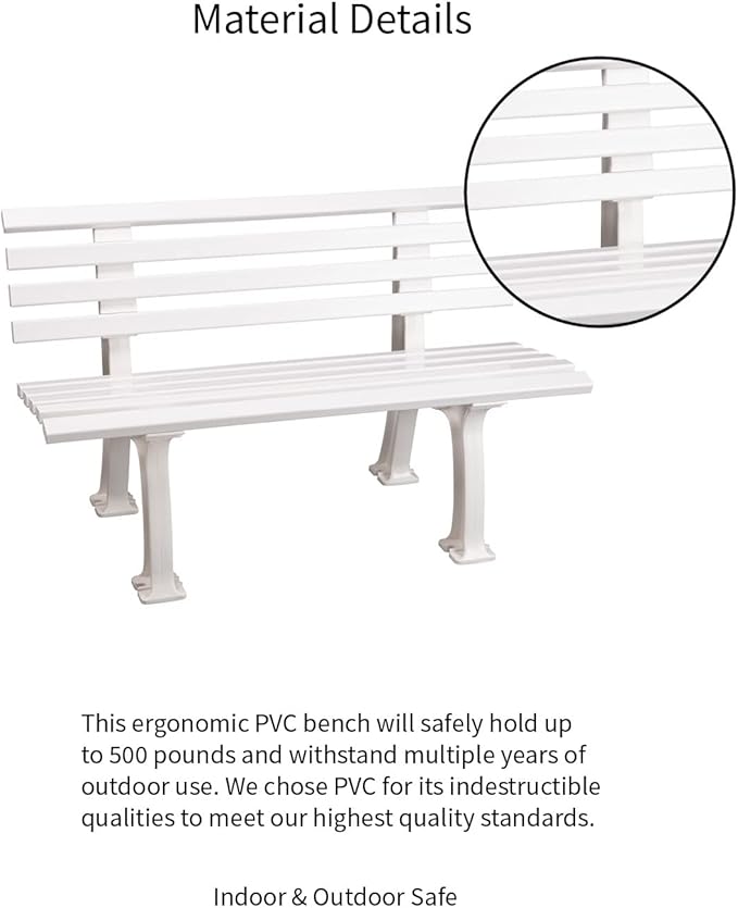 Plow & Hearth Weatherproof German PVC Outdoor Bench | Holds Up to 500 lbs | Garden Patio Porch Park Deck | Steel and Resin | White